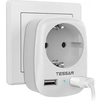 Сетевой фильтр TESSAN TS-611-DE с кнопкой питания на 1 розетку и 2 USB, Grey