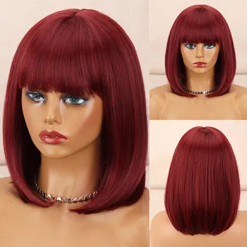 MISS WIG Розовый цвет До плеч Прямой парик Боб с челкой Синтетическое волокно Короткий черный Светло-русый Розовый Парик для косплея на каждый день