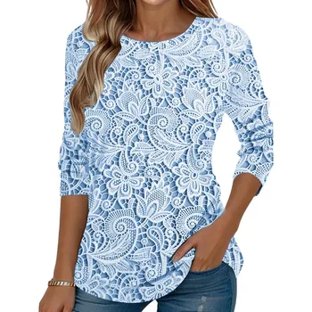 Women s Fashionable Round Neck Long Sleeved Lace Patterned Printed Pullover T-shirt Top L синий