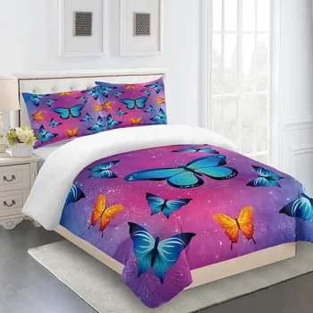 Dreamy Colorful Butterfly Girl3Pcs Queen King Full Size Duvet Cover Постельное белье Комплект постельного белья 2-местное покрывало 200x200 240x220 160x200 US Queen228x228cm