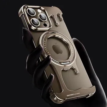 Роскошный чехол-подставка из жидкого металла особой формы для iPhone 16 15 14 13 Pro Max Magsafe Rimless Heat Disipation Phone Cover For iPhone 16 Pro Max чёрный