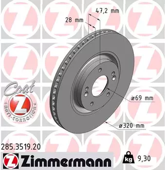 Тормозной диск ZIMMERMANN 285.3519.20 вентилируемый передняя ось