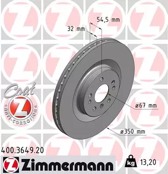 Тормозной диск ZIMMERMANN 400.3649.20 вентилируемый передняя ось