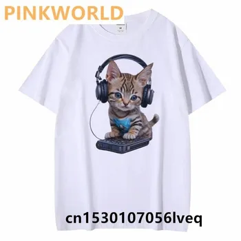 Женская футболка Kawaii с котенком и наушниками, красная футболка с коротким рукавом и круглым вырезом, женская футболка, топы, одежда Camisetas Mujer L