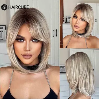 HAIRCUBE Короткие прямые синтетические парики Белый парик из платинового волокна с челкой для женщин повседневные термостойкие парики для косплея
