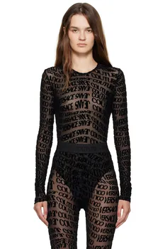 Боди из тюля с эффектом ликвификации и флокированием Versace Jeans Couture, черный