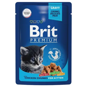 Brit Premium полнорационный влажный корм для котят, с цыпленком, кусочки в соусе, в паучах - 85 г повседневный премиум для котят с цыпленком паучи Российский корм 1 уп. х 14 шт. х 1.19 кг