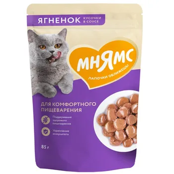 Мнямс влажный корм для кошек, для комфортного пищеварения, с ягненком, кусочки в соусе, в паучах - 85 г премиум для пожилых с ягненком для всех пород паучи Российский корм 1 уп. х 24 шт. х 2.04 кг