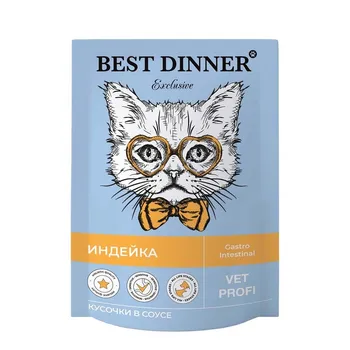 Best Dinner Exclusive Vet Profi Gastro Intestinal полнорационный влажный корм для кошек, для профилактики заболеваний ЖКТ, с ИНДЕЙКОЙ, кусочки в соусе, в паучах - 85 г ветеринарный супер премиум для всех возрастов с индейкой для всех пород паучи Российский корм 1 уп. х 24 шт. х 2.04 кг