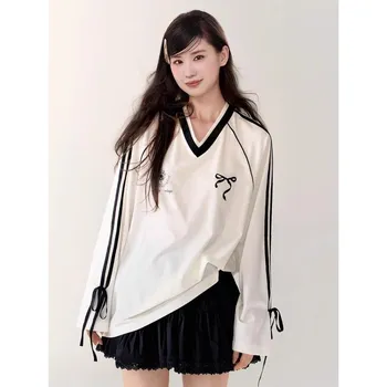 Bow Tie Women Long Sleeved T-shirts V-neck Loose Long Sleeved Pullover Tee Korean Style Autumn New Fashion Women s Top S чёрный