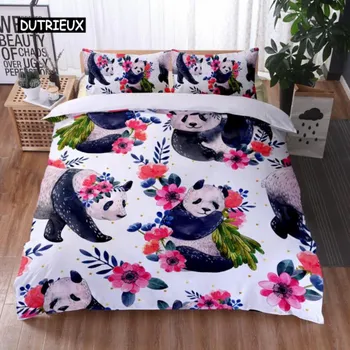 Пододеяльник с рисунком панды King Cute Panda Drinking Water Twin Комплект постельного белья из микрофибры Kawaii Black White Bear Покрывало для одеяла EU single(135x200cm)