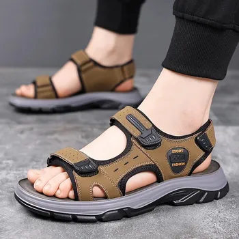 FashionGenuine Leather Men Sandals Summer New Outdoor Non-slip Beach Shoes men Walking Treking Casual Shoes Hiking Men Slippers 6.5 чёрный