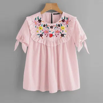 ZANZEA Women Summer Round Neck Short Sleeve Floral Print Stripe Blouse S синий
