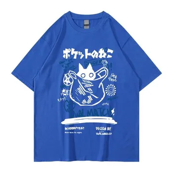 Футболки унисекс с героями мультфильмов, лето 2023, Harajuku Kawaii, футболки с короткими рукавами и принтом кота для женской пары, уличная одежда, свободная одежда, топы Y2K XS чёрный