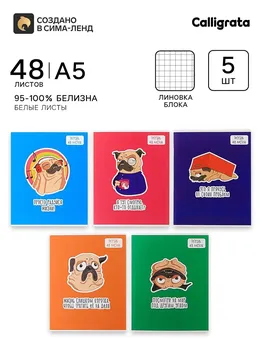 Комплект тетрадей из 5 шт, 48 листов, клетка, мопс, обложка мелованный картон, блок офсет