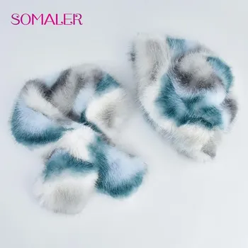 SOMALER красочная шапка из искусственного меха, комплект шарфов, теплые женские шапки-ведра из искусственного меха с шарфами чёрный/белый