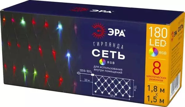 Гирлянда ЭРА ENIS-01R светодиодная сетка, ламп: 180шт., 1.8м x 1.5м, режимов: 8, разноцветный (б0041902)