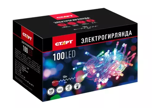 Гирлянда СТАРТ светодиодная нить, ламп: 100 шт., 10 м, режимов: 8, от сети, мультиколор (4670042081495)