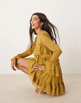 Мини-платье с длинными рукавами и оборками цвета охры ASOS DESIGN