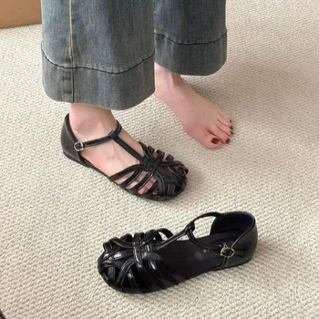 Soft-soled retro woven bag head sandals women s fashion flat-soled maternity shoes tide 35
