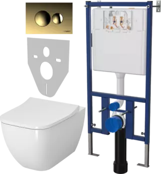 Комплект Унитаз подвесной VitrA Shift 7742B003-0075 крышка NKP Lento 0405, безободковый, с микролифтом + Система инсталляции для унитазов DIWO 4501 + Кнопка смыва DIWO 7315 золотая