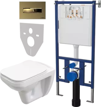 Комплект Унитаз подвесной STWORKI Дублин SETK3504-0605-001-1-6000 с микролифтом + Система инсталляции для унитазов DIWO 4501 + Кнопка смыва DIWO 7325 золотая