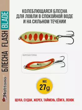 Блесна для рыбалки колеблющаяся Mottomo Flash Blade 27g Gold Red для спиннинга. Колебалка на щуку,судака,таймень, Золотой