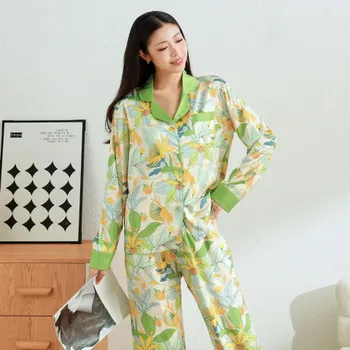 Осенняя одежда для сна, женская пижама Ice Silk Jungle Print High-end, брюки с длинными рукавами, домашняя одежда, которую можно носить на улице M