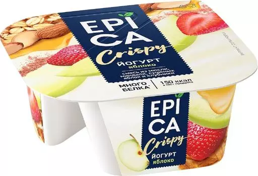 Йогурт Epica Crispy с Яблоком и смесь из мюсли миндаля сушеных яблок и клубники 4.8% 138г