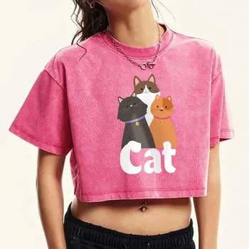 Three Cartoon Cats Print Washed Tee Shirt Women Crop Summer Casual Short Sleeve Cotton T-Shirt Comfortable T Shirts M