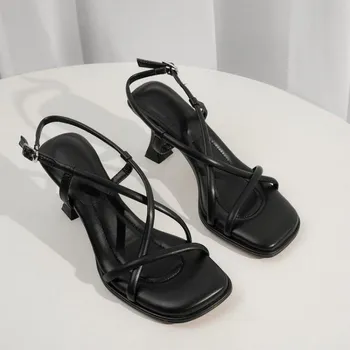 Summer New Simple Square Headed Slim Strap Thick Heel Sandals for Women, Straight Toe Open Toe Sandals for Women 35 серебряный