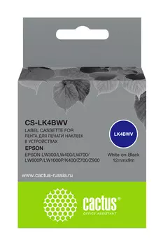 Кассета с лентой Cactus, 1.2 см x 9 м, белый на черном, совместимая (CS-LK4BWV)
