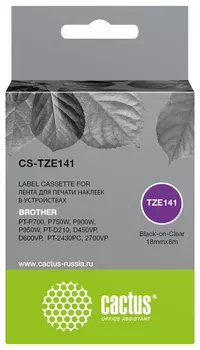 Кассета с лентой Cactus TZE-141, 1.8 см x 8 м, черный на прозрачном, совместимая (CS-TZE141)