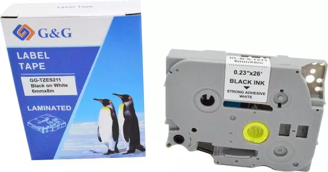 Кассета с лентой G&G TZES211, 6 мм x 8 м, черный на белом, совместимая (GG-TZES211)