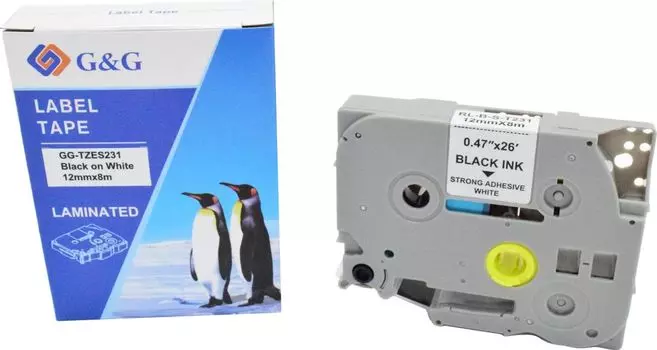 Кассета с лентой G&G TZES231, 1.2 см x 8 м, черный на белом, совместимая (GG-TZES231)