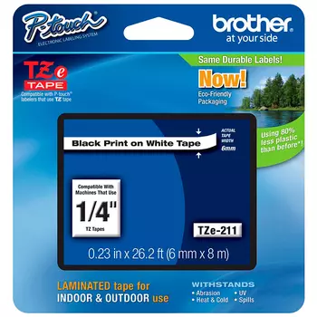 Кассета с наклейками Brother TZE211, 6 мм x 8 м, черный на белом, оригинальная