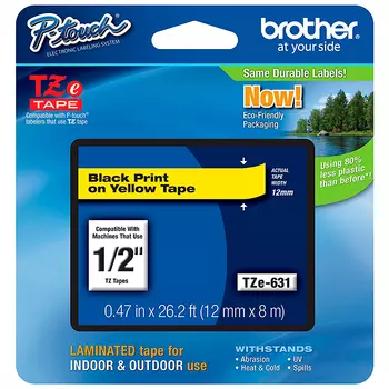 Кассета с наклейками Brother TZE631, 1.2 см x 8 м, черный на желтом, оригинальная