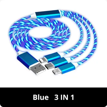 Светящийся светодиодный светильник 3 в 1, кабель Micro USB Type C для быстрой зарядки 3A для iPhone, Samsung, Xiaomi, Redmi, зарядное устройство для телефона, USB-кабель 3 IN 1 синий