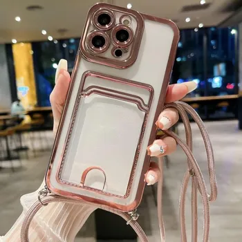 Мягкий чехол для телефона с ожерельем через плечо и ремешком для iPhone 15 14 13 12 11 Pro Max XR X XS 7 8 Plus, чехол-держатель для карт For iPhone 14 фиолетовый