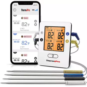 ThermoPro Цифровой термометр для жарки ThermoPro Bluetooth 5.0 Термометр для гриля Термометр для мяса с 4 датчиками для барбекю, варочной камер, коптильни, стейка, поддерживает IOS, Android, диапазон до 150 м 4 датчика черного цвета