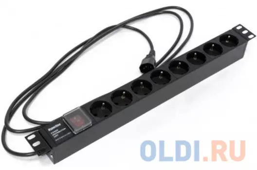 Hyperline SHE19-8SH-S-2.5IEC Блок розеток для 19" шкафов, горизонтальный, с выключателем с подсветкой, 8 розеток Schuko (10A), 250В, кабель питан