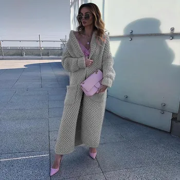 Temperament Lapel Вязаный кардиган Collage Solid Color Длинный женский вязаный свитер S