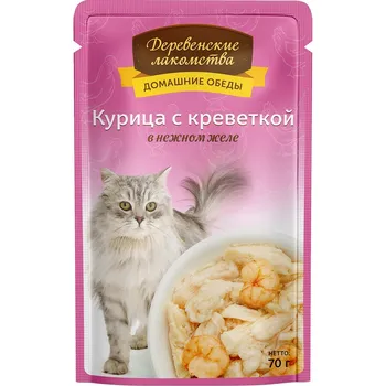 Деревенские лакомства Домашние обеды влажный корм для кошек, с курицей и креветкой, кусочки в желе, в паучах - 70 г повседневный супер премиум для взрослых с курицей паучи Импортный корм 1 уп. х 12 шт. х 0.84 кг