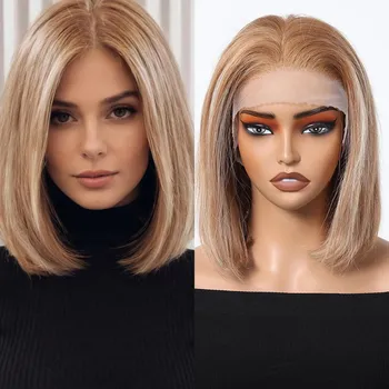 HAIRCUBE Светлый парик из натуральных волос на фронтальной части шнурка Короткий боб Прямые блондинки Remy Парики из человеческих волос Предварительно сорванный парик на фронтальной части шнурка для женщин Ежедневное использование
