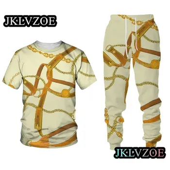 Мужской спортивный костюм, элитный бренд, футболка с коротким рукавом + длинные брюки, комплект из 2 предметов с золотистым 3D принтом, спортивная одежда для бега, повседневная уличная одежда XXL