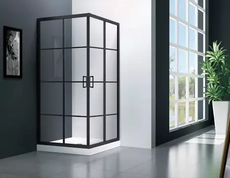 Душевой уголок Veconi Rovigo RV-09 80x80x195 профиль черный. стекло прозрачное, принт клетка