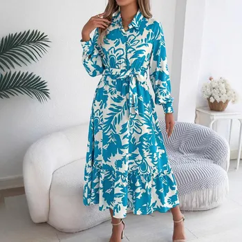 GMXIA Spring Summer Casual Flower-patterned Long-sleeved Shirt Dress Ruffled Long Dress Women s Clothing S
