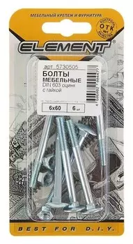 Болт мебельный Element, Din603, 6х60 мм, с гайкой, оцинкованный, на блистере 6 шт.