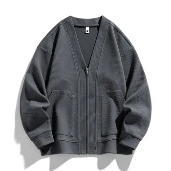 Big Size Men s Cardigan Jacket Oversize Loose Sweater Coat Male Zip-up Korean Style Spring Green Large Plus S