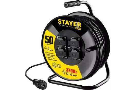Удлинитель на катушке STAYER RX 315, 4-розетки, 30м, черный (55077-30)